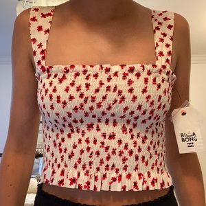 billabong red and white smocked crop top